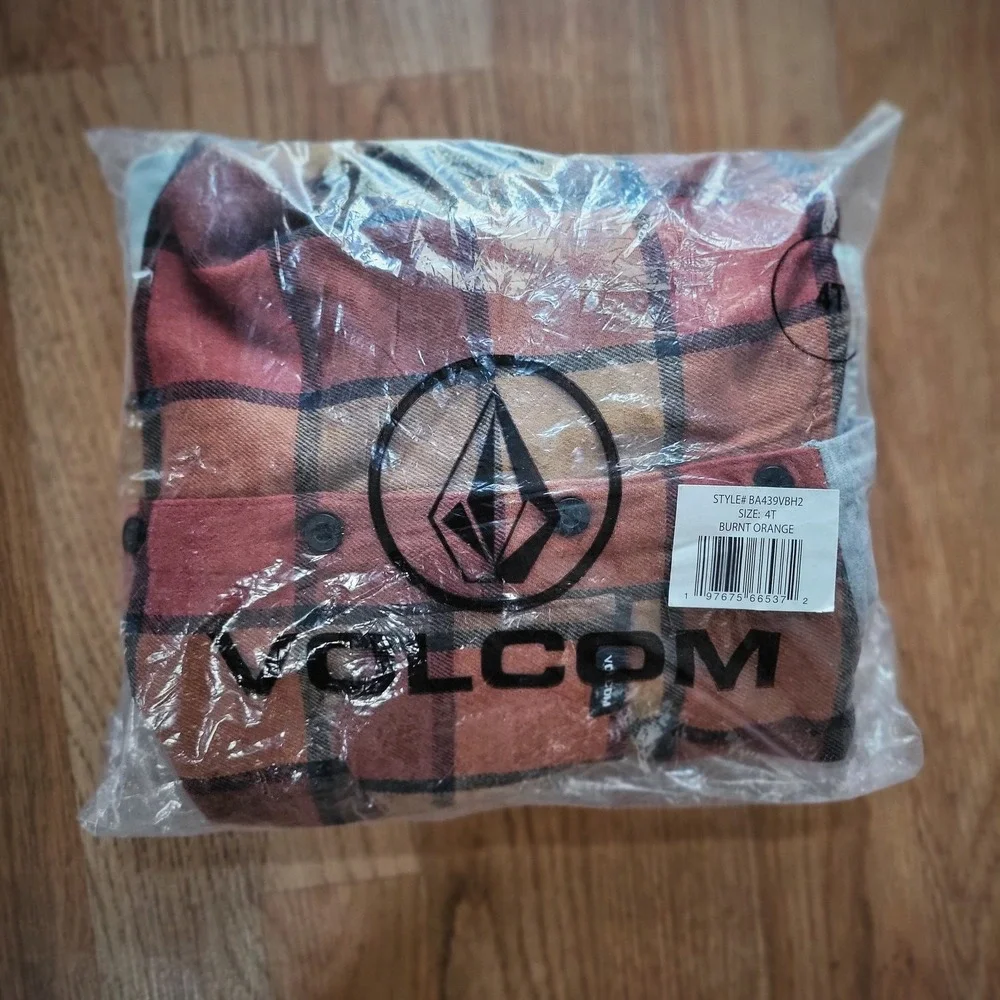 Volcom Boys 2 Piece Set Burnt Orange‎ Plaid Flannel Hoodie Cargo Jogger Pants 4T